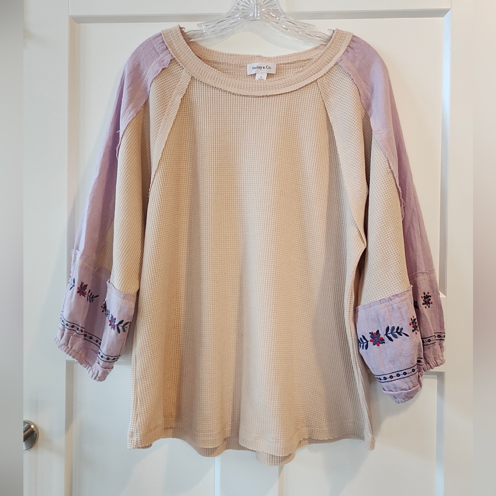 Hailey & Co. Stylish Beige and Lavender Sweatshirt with Embroidered Sleeves